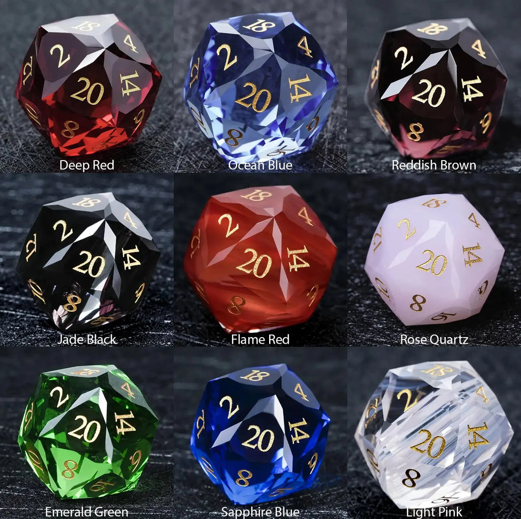Prismatic Glass DND Dice Set – DND multi-faceted engraved glass gemstone dice set available in 9 colors: Emerald Black