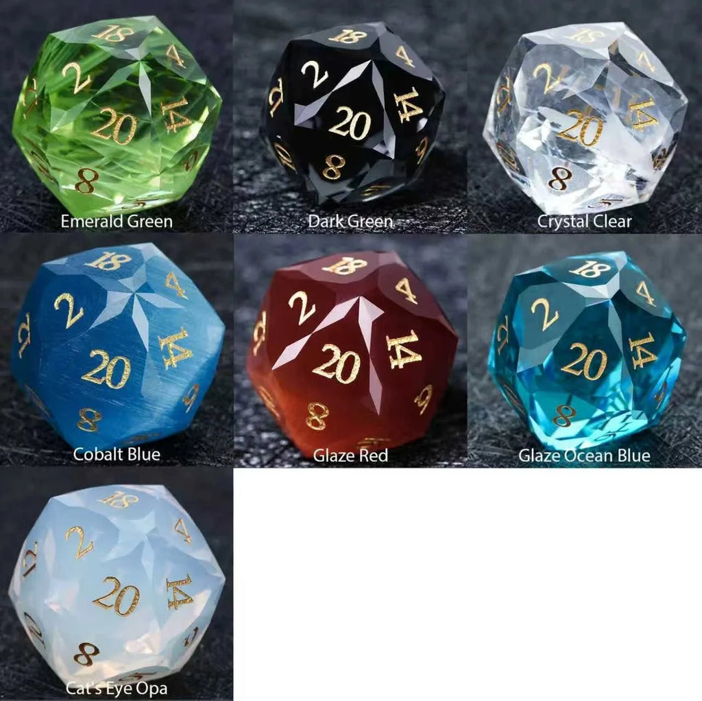 Prismatic Glass DND Dice Set – DND multi-faceted engraved glass gemstone dice set comes in 7 colors: cobalt blue