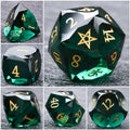 Prismatic Glass DND Dice Set – DND Multifaceted Dark Green Glass Gemstone Dice Set, Engraved with Gold Five-Pointed