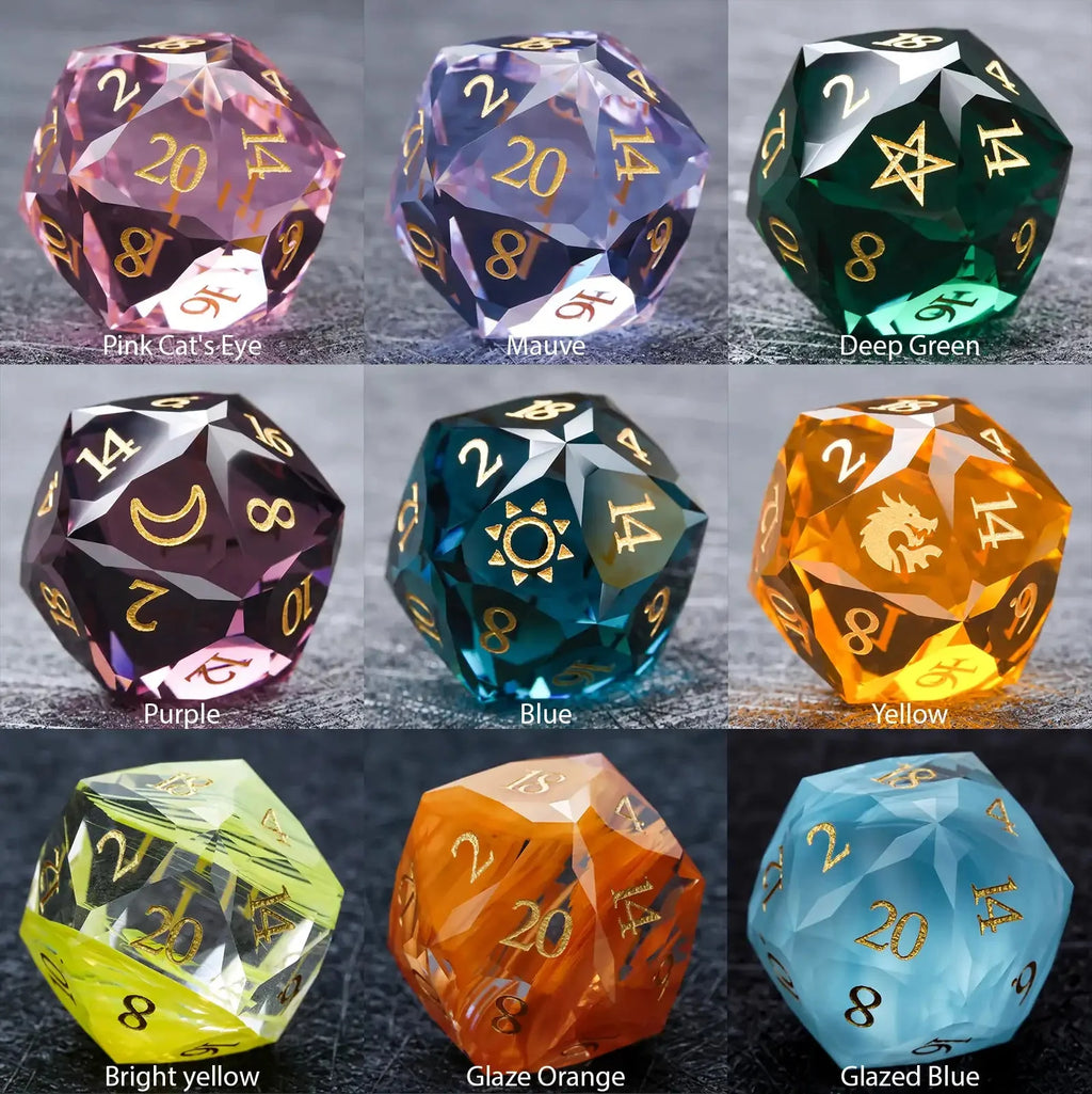 Prismatic Glass DND Dice Set – The DND multifaceted engraved glass gemstone dice set comes in 9 colors: pink cat's eye