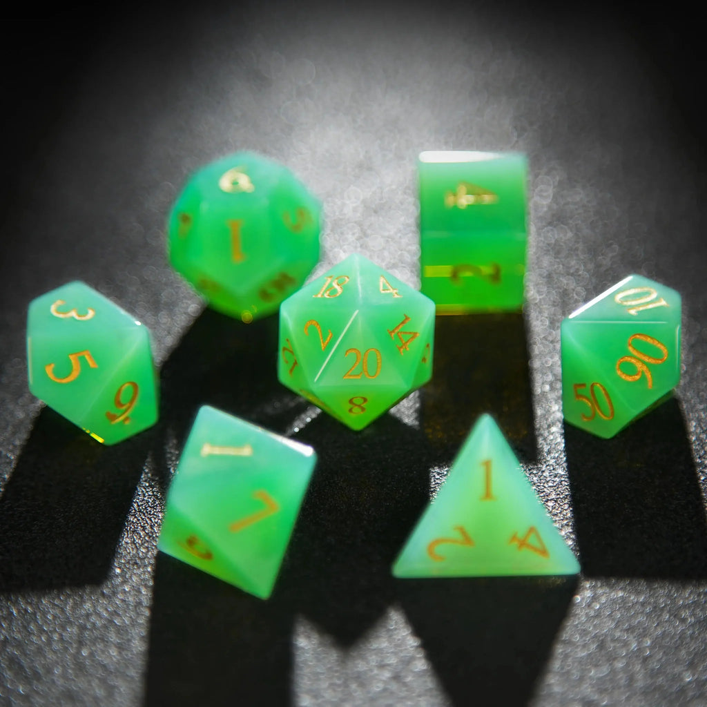 Protein Digital Natural Stone D&D Dice Set – Gold Numbers – Green Opal D&D Gemstone Dice Set + Gold Numbers