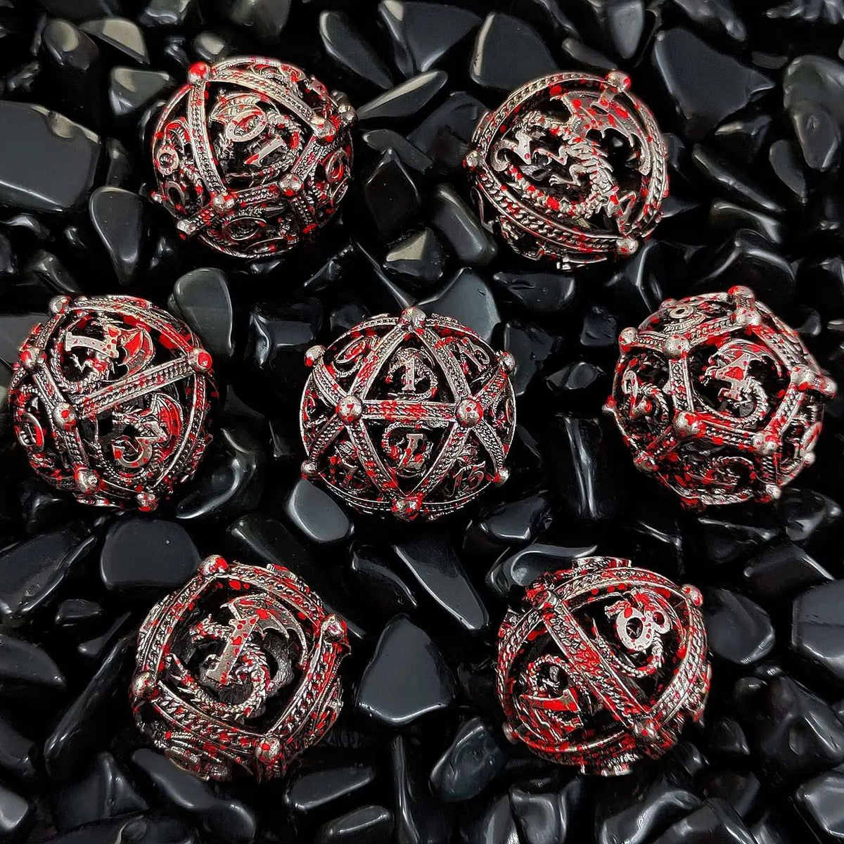 Pterosaur Metal DND Dice Set – Blood – Pteranodon Round Bloodstained Hollow Metal D&D Dice Set