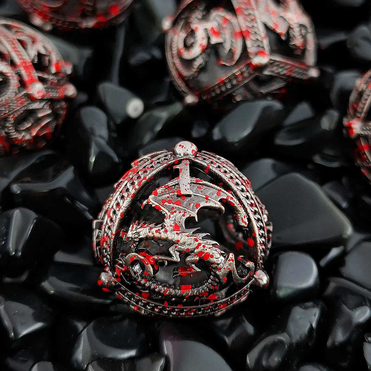 Pterosaur Metal DND Dice Set – Blood – Pteranodon Round Bloodstained Hollow Metal D&D Dice Set