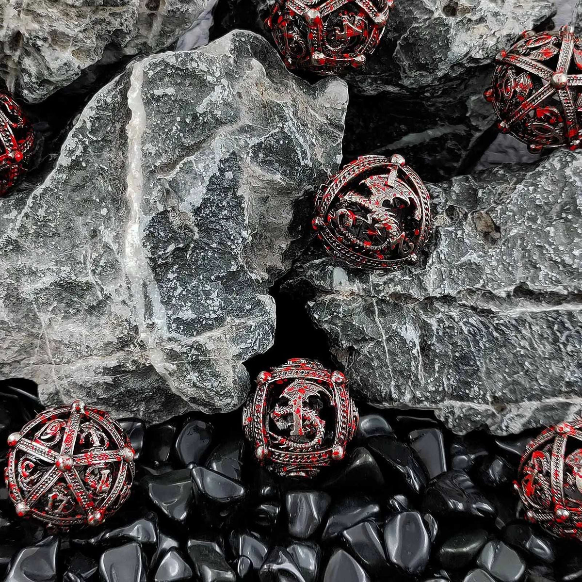 Pterosaur Metal DND Dice Set – Blood – Pteranodon Round Bloodstained Hollow Metal D&D Dice Set