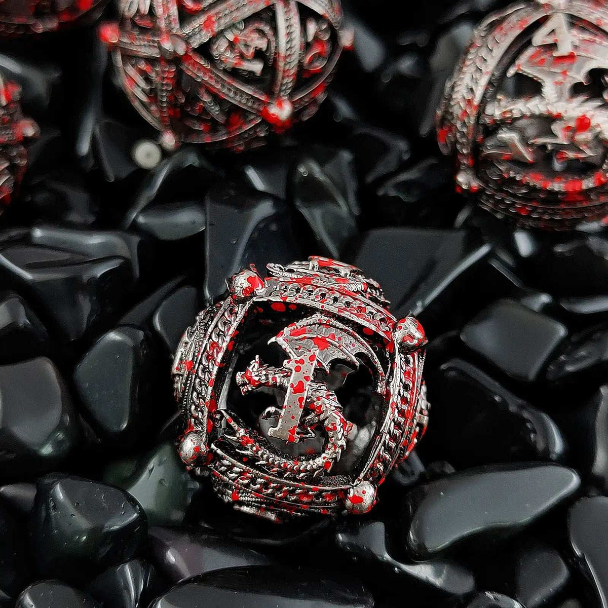 Pterosaur Metal DND Dice Set – Blood – Pteranodon Round Bloodstained Hollow Metal D&D Dice Set