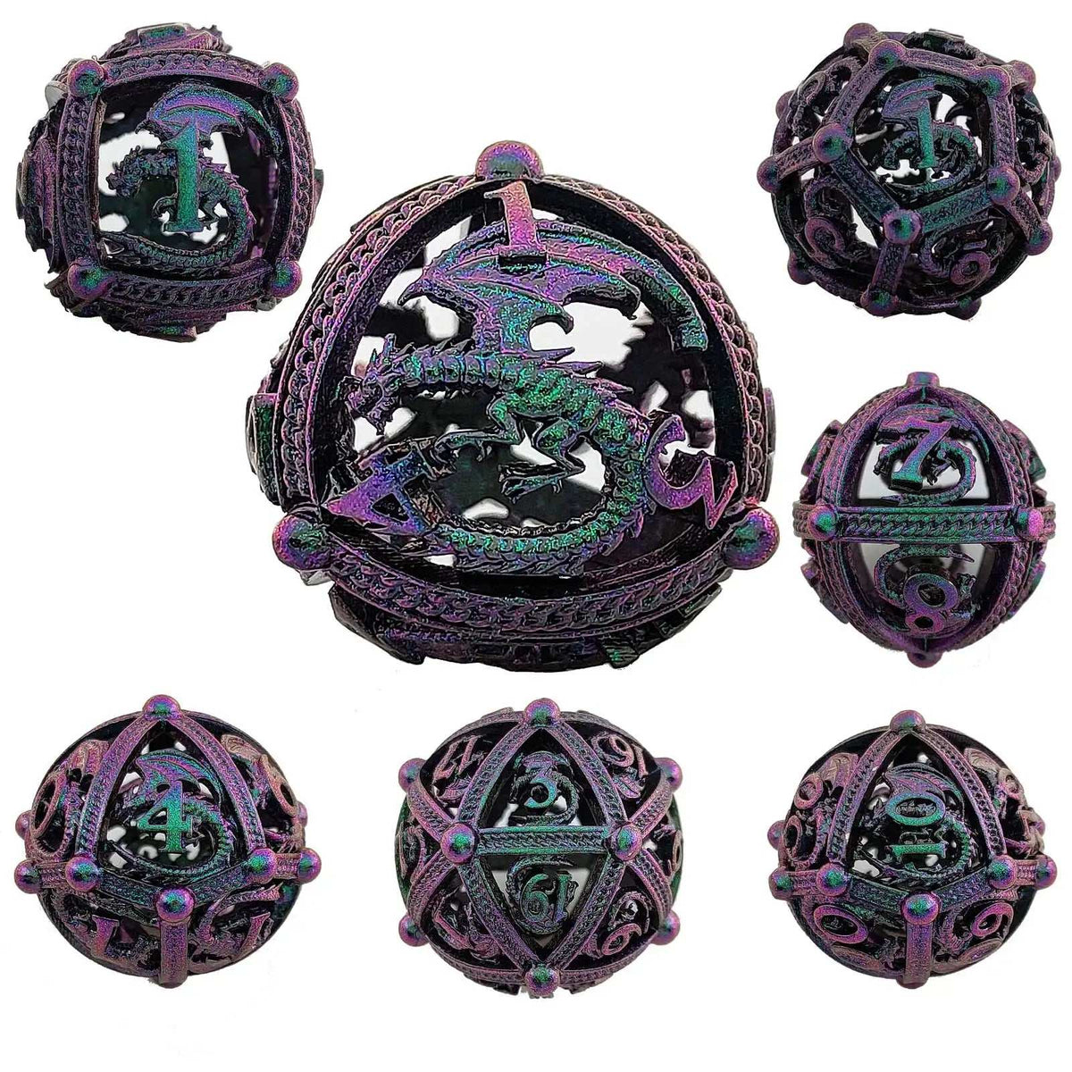 Pterosaur Metal DND Dice Set – Cool pterosaur spreading wings Metal hollow edge rounded corners dnd dice set purple and