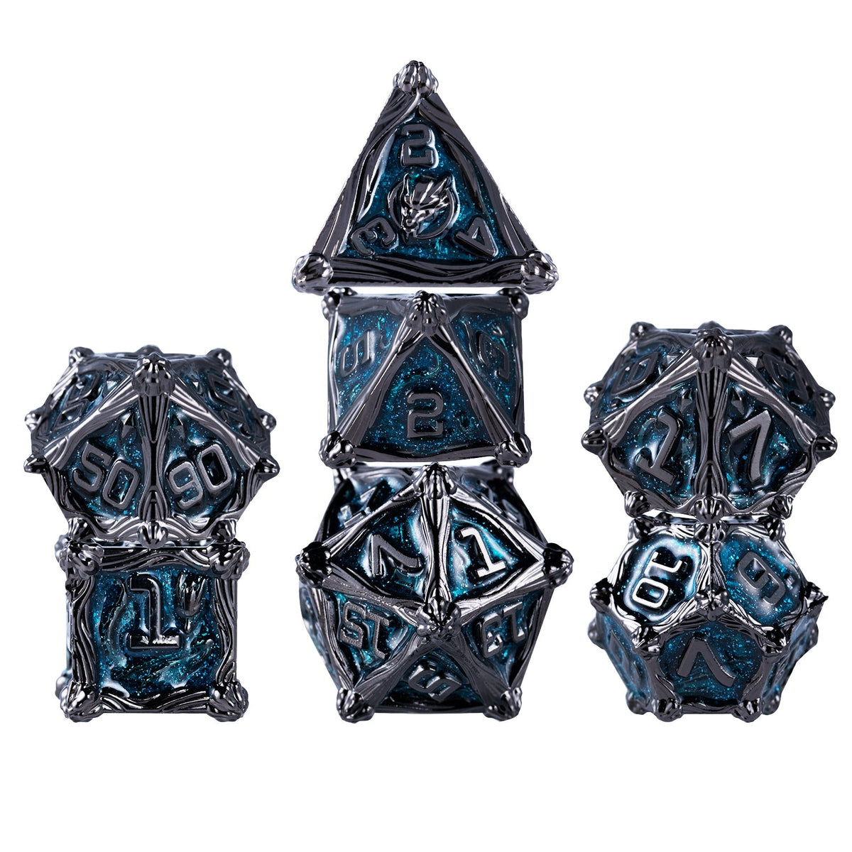 Pterosaur Metal DND Dice Set – Dungeon Dragon – 7 Dungeon Polyhedral Dragon Dice - Pterosaur Metal Solid RPG Dice Set