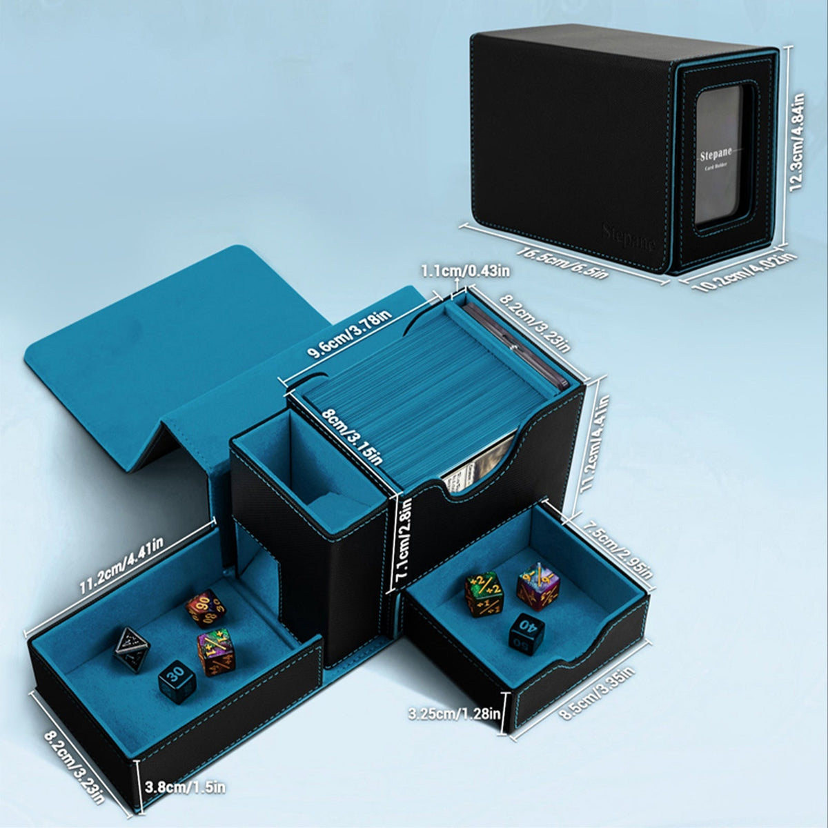 Dice Collection Storage Box With Dice Tray – PU Leather Card Box with Dice Tray | Trading Card Storage Box for MTG