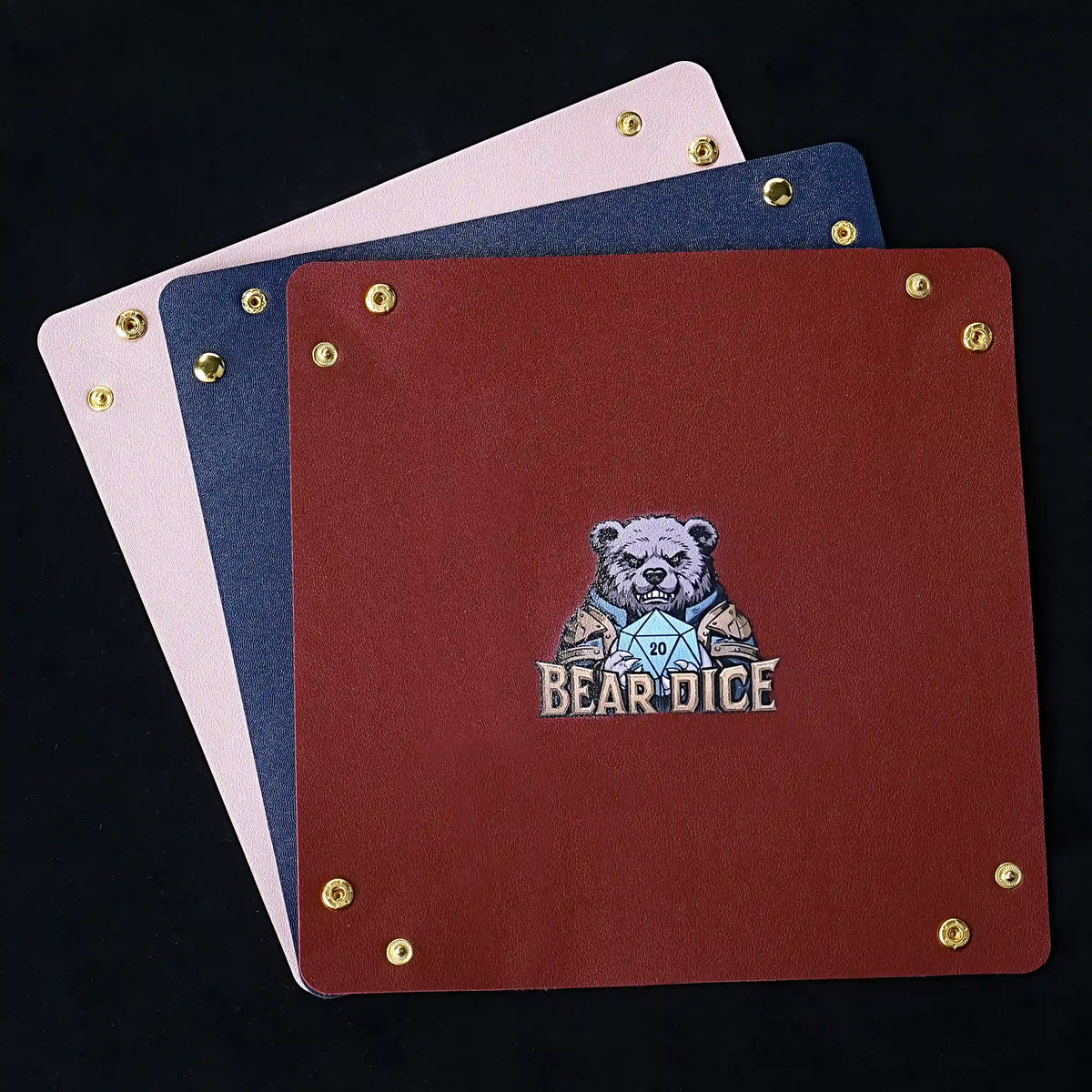 Square Dice Tray – Leather – PU leather square dice tray in multiple colors stacked for tabletop RPG players