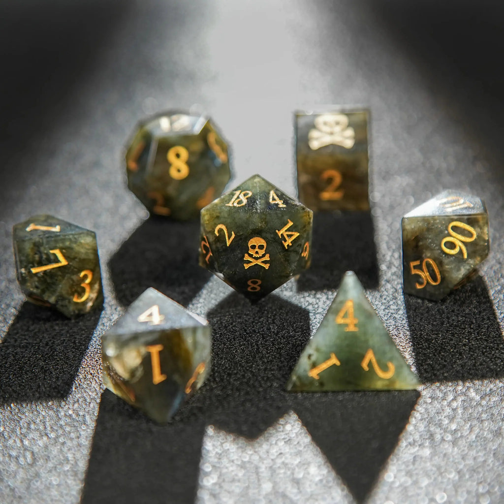 Pull Feldspar Natural Stone RPG Dice Set – Gold Numbers – Undead Race - Pull Feldspar Gemstone Dice Set + Gold Font