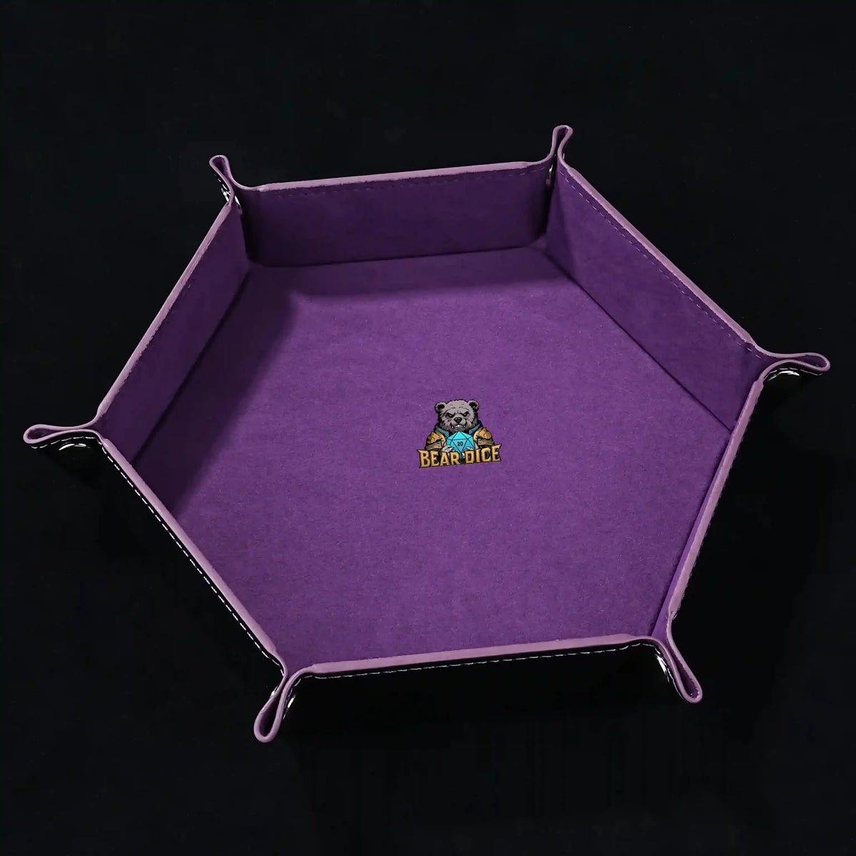 World Cup Dice Tray – Leather – Hexagonal black PU leather RPG dice tray with silver buttons. Purple lining with the