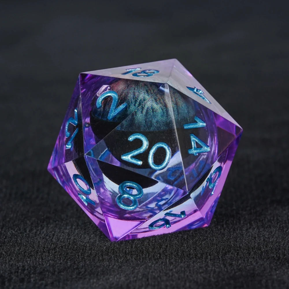 Dragon Liquid Core Liquid Core Dice Set – Eye – Personalized Design 1 – Purple transparent resin liquid core dragon eye