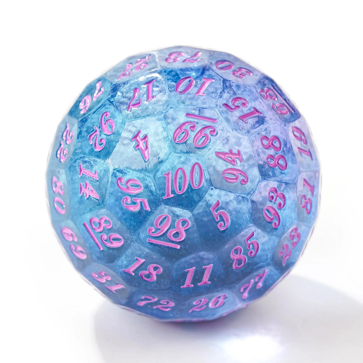 Quicksand 50mm Resin D100 Dice – Blue-Purple Quicksand Resin D100 Dice - 50mm Transparent 100-Sided Dice Ball with Pink
