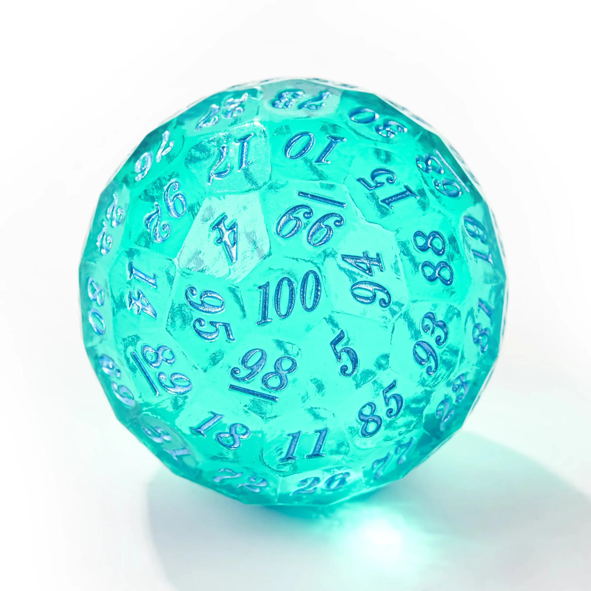 Quicksand 50mm Resin D100 Dice – Cyan Quicksand Resin D100 Dice - 50mm Transparent 100-Sided Dice Ball with Blue Numbers