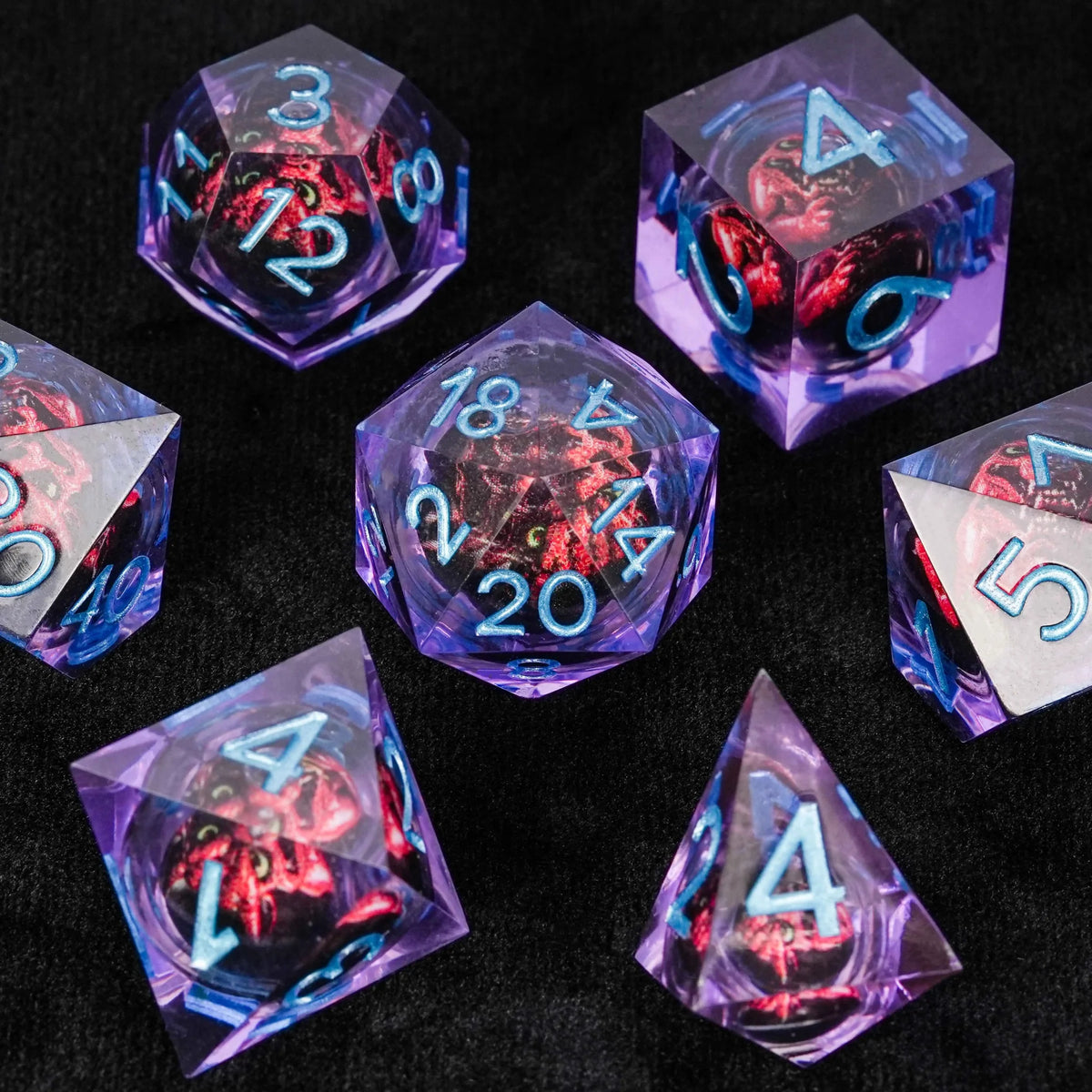 Quicksand Fang Liquid Core Sharp Edge Dice Set – Purple resin dice with sharp edges Quicksand fang monster