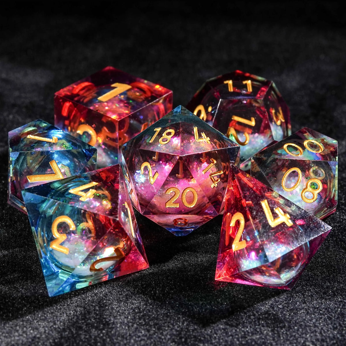 Quicksand Liquid Core DND Dice Set – Gold Numbers – Multi-sided colorful glitter resin liquid core dice set (D4, D6