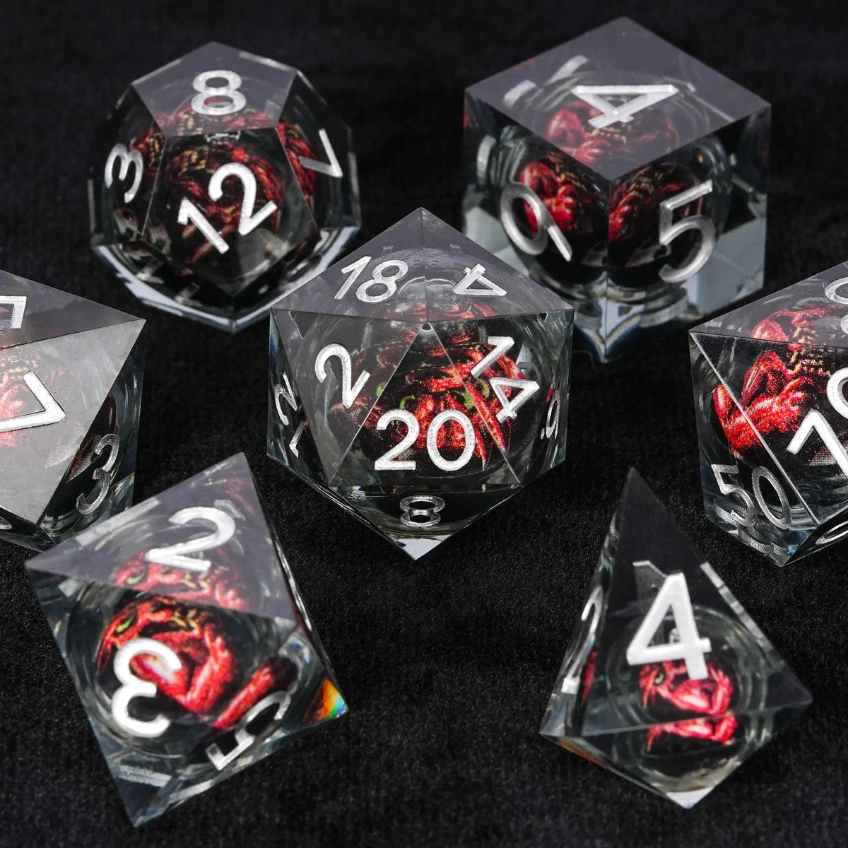Quicksand Tusk Liquid Core Dice Set – Black Fangs Monster Liquid Core Resin DND Dice Set + Silver Font