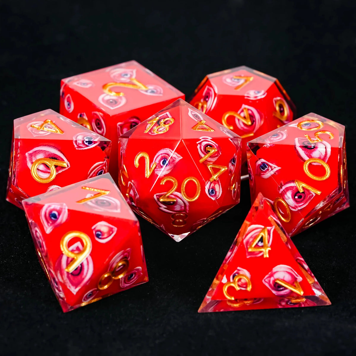 Red Eye Resin DND Dice Set – Gold Numbers – Red Eye Resin Dice Set with Gold Numbers - RPG DND