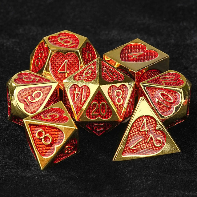 Red Heart Metal DND Dice Set – Red Metal Grid Heart Shape Valentine's Day DND Dice Set
