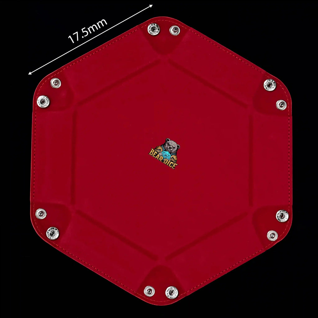 World Cup Dice Tray – Leather – Hexagonal red PU leather RPG dice tray with silver buttons and a brown lining. It