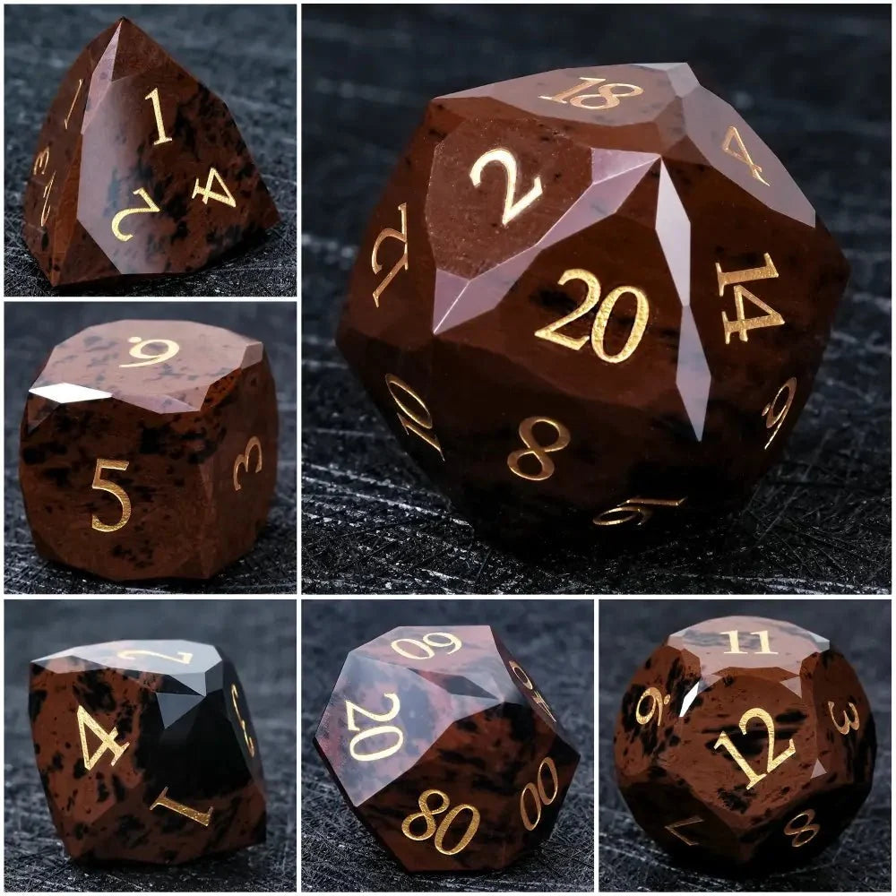 Reddish Natural Natural Stone DND Dice Set – Gold Numbers – Reddish - brown Natural Gemstone DND Dice Set | Diamond Cut