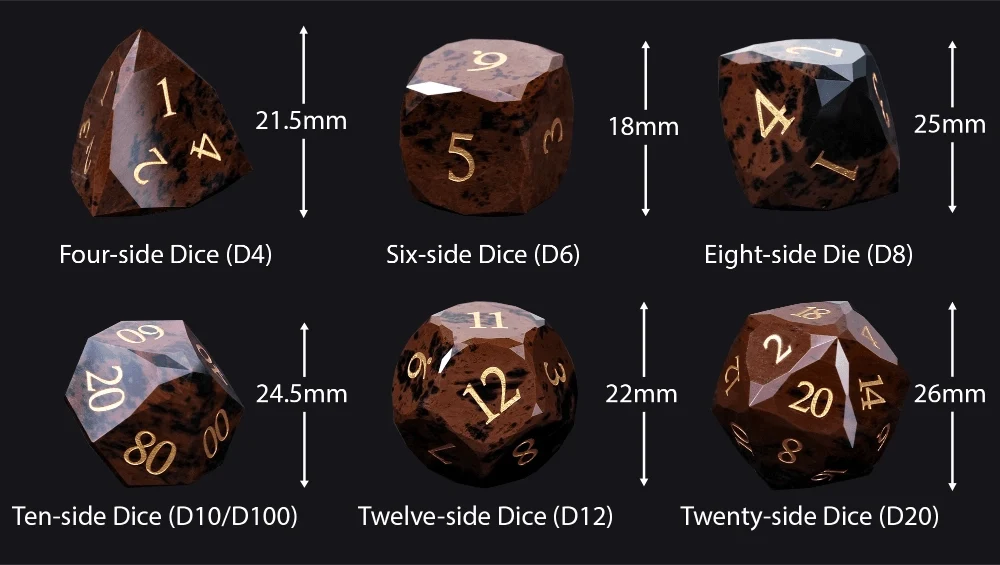 Reddish Natural Natural Stone DND Dice Set – Gold Numbers – Reddish - brown Natural Gemstone DND Dice Set | Diamond Cut
