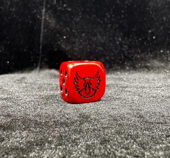 Resin D6 Dice – Angels Chapter – 16mm Warhammer 40K Blood Angels Red Acrylic D6 Dice with Black Pips; the "6" face