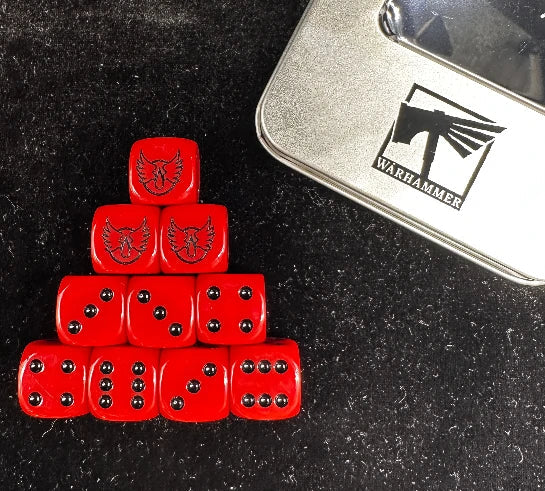 Resin D6 Dice – Angels Chapter – Warhammer 40K Blood Angels Red Acrylic D6 Dice, packaged in a metal tin