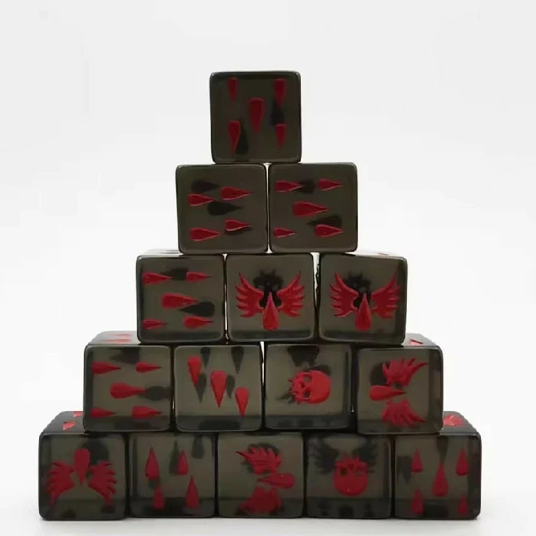 Resin D6 Dice – Angels Sanguis – Warhammer 40K Blood Angels Sanguinius-themed black acrylic D6 dice, featuring red