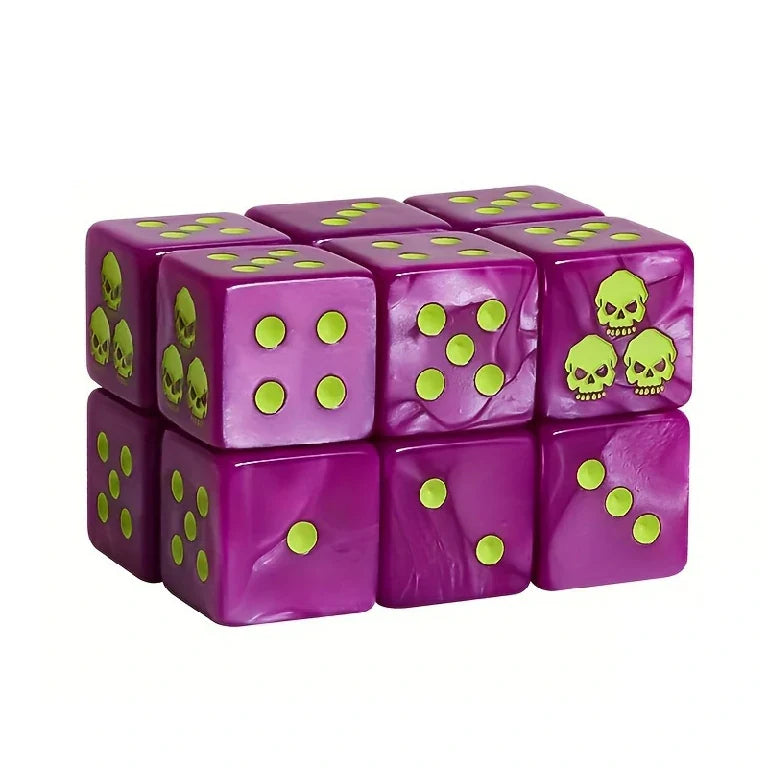 Resin D6 Dice – Guardian Legion – Warhammer 40K Necron-themed 16mm acrylic D6 dice with yellow-green pips; the '3' face