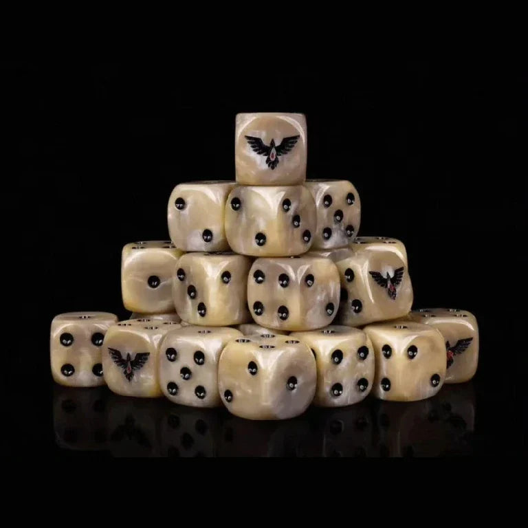 Resin D6 Dice – Ravens Chapter – 16mm Warhammer 40K Blood Ravens acrylic D6 dice with black pips; the "6" face features