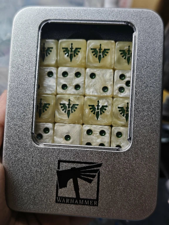 Resin D6 Dice – Square Corner – Warhammer 40K Dark Angels Square-Cornered D6 Dice with Green Pips (Set of 20 in a Metal