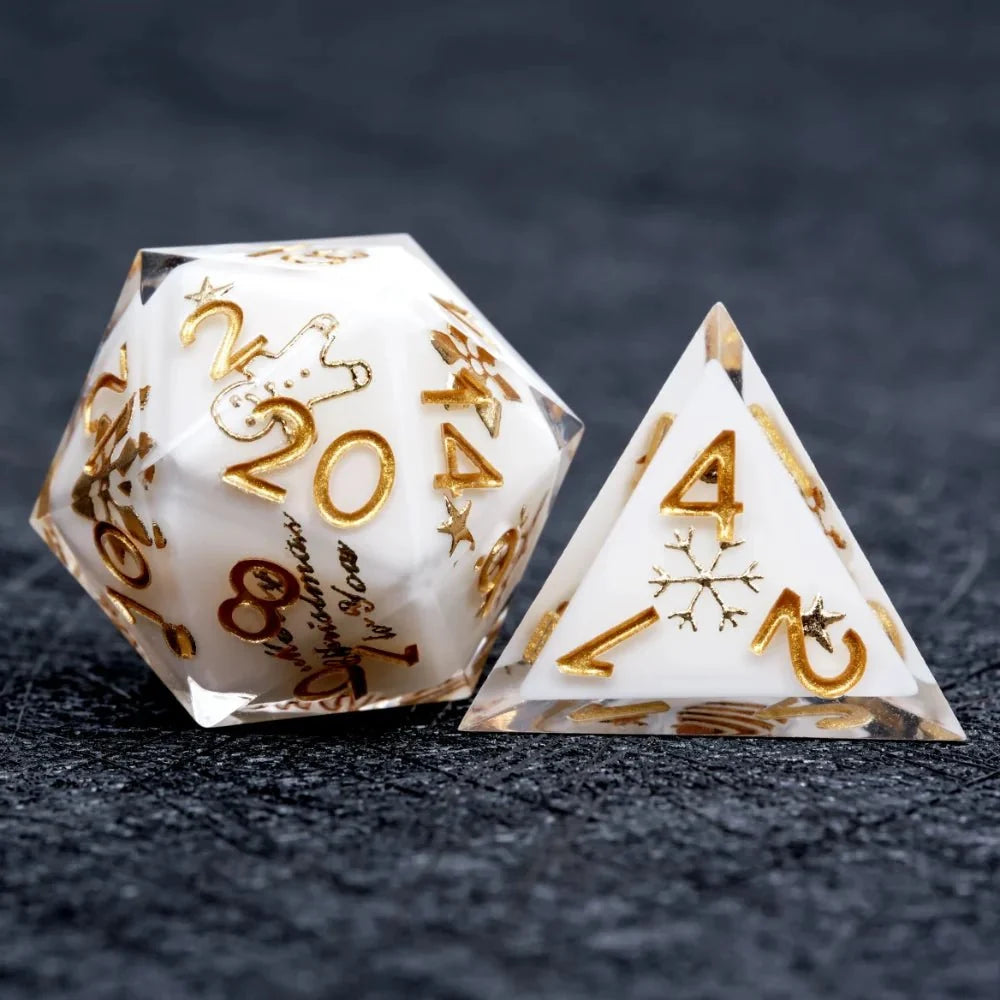 Resin D&D Dice Set – Christmas themed white resin dice set with gold snowflake engraving for D&D dice game