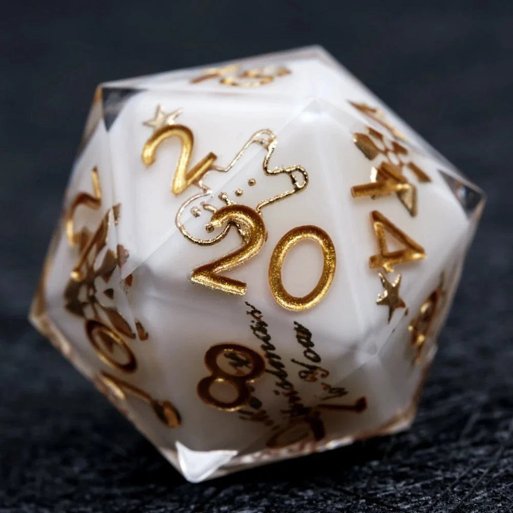 Resin D&D Dice Set – Christmas themed white resin dice set with gold snowflake engraving for D&D dice game