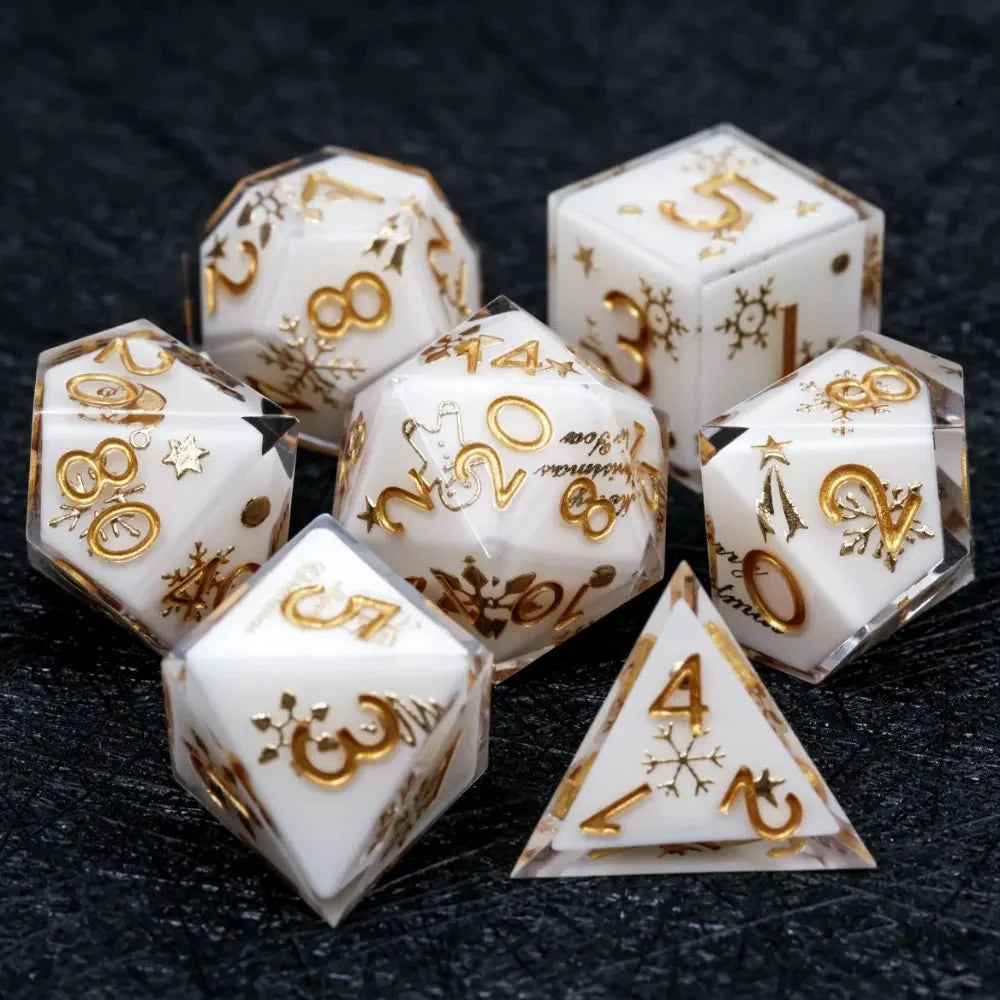 Resin D&D Dice Set – Christmas themed white resin dice set with gold snowflake engraving for D&D dice game