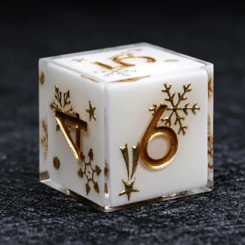 Resin D&D Dice Set – Christmas themed white resin dice set with gold snowflake engraving for D&D dice game
