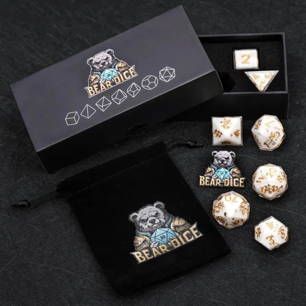 Resin D&D Dice Set – Christmas themed white resin dice set with gold snowflake engraving for D&D dice game