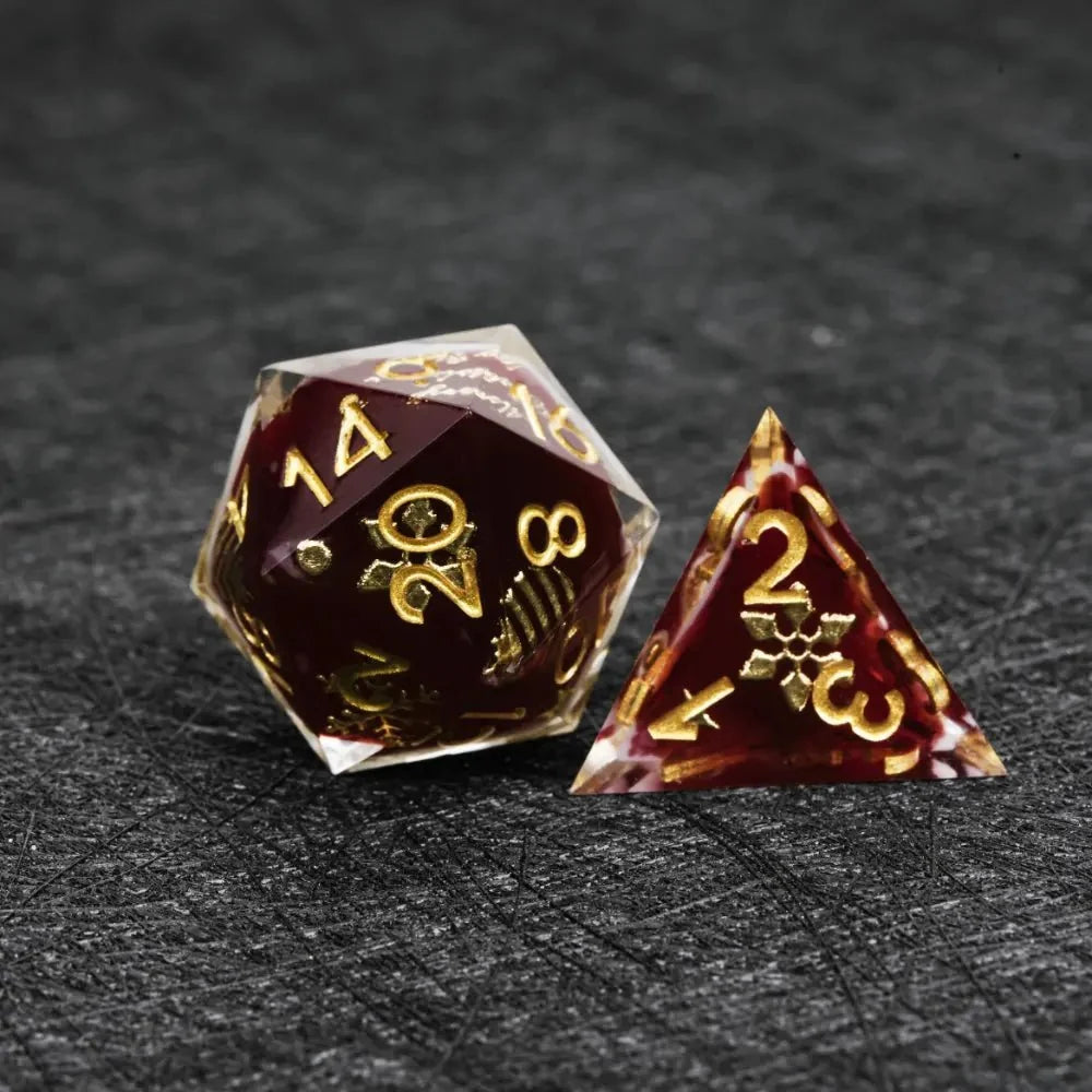 Resin RPG Dice Set – Burgundy Milky – Christmas themed burgundy and milky white resin dice set with gold - carved