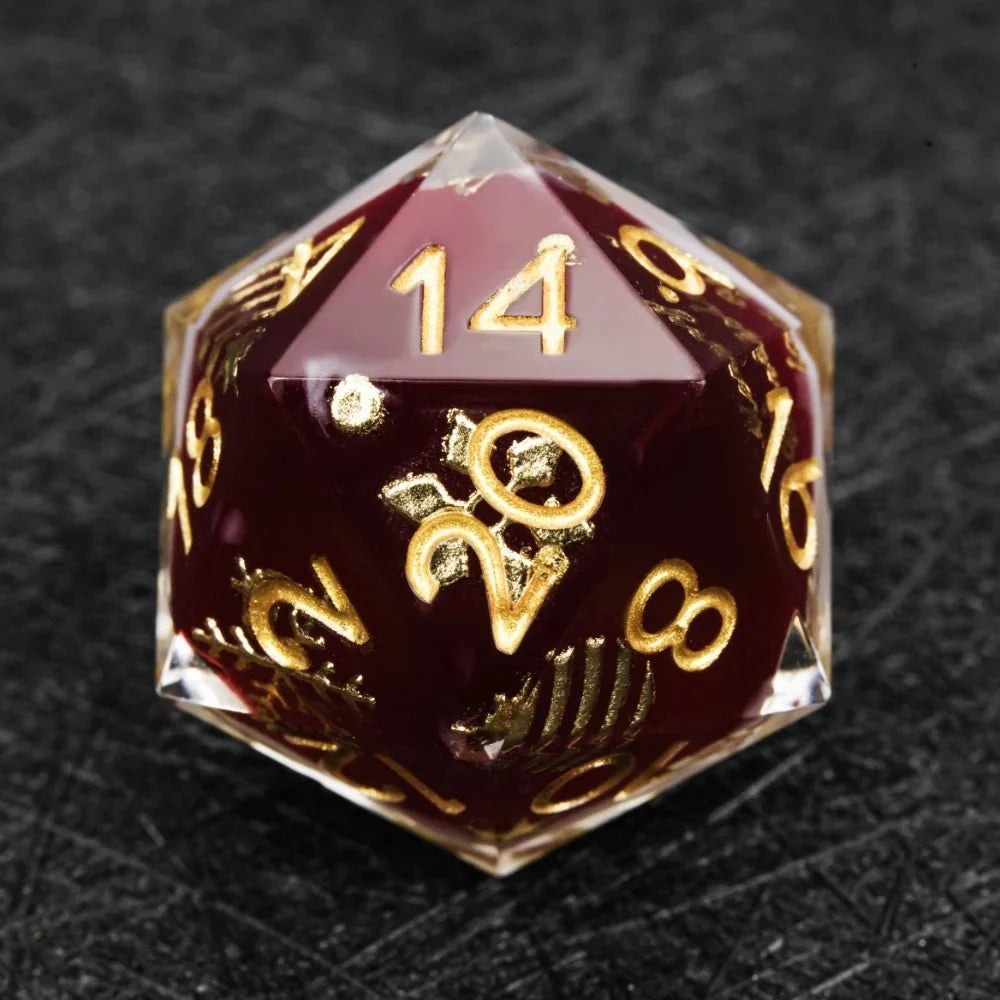 Resin RPG Dice Set – Burgundy Milky – Christmas themed burgundy and milky white resin dice set with gold - carved
