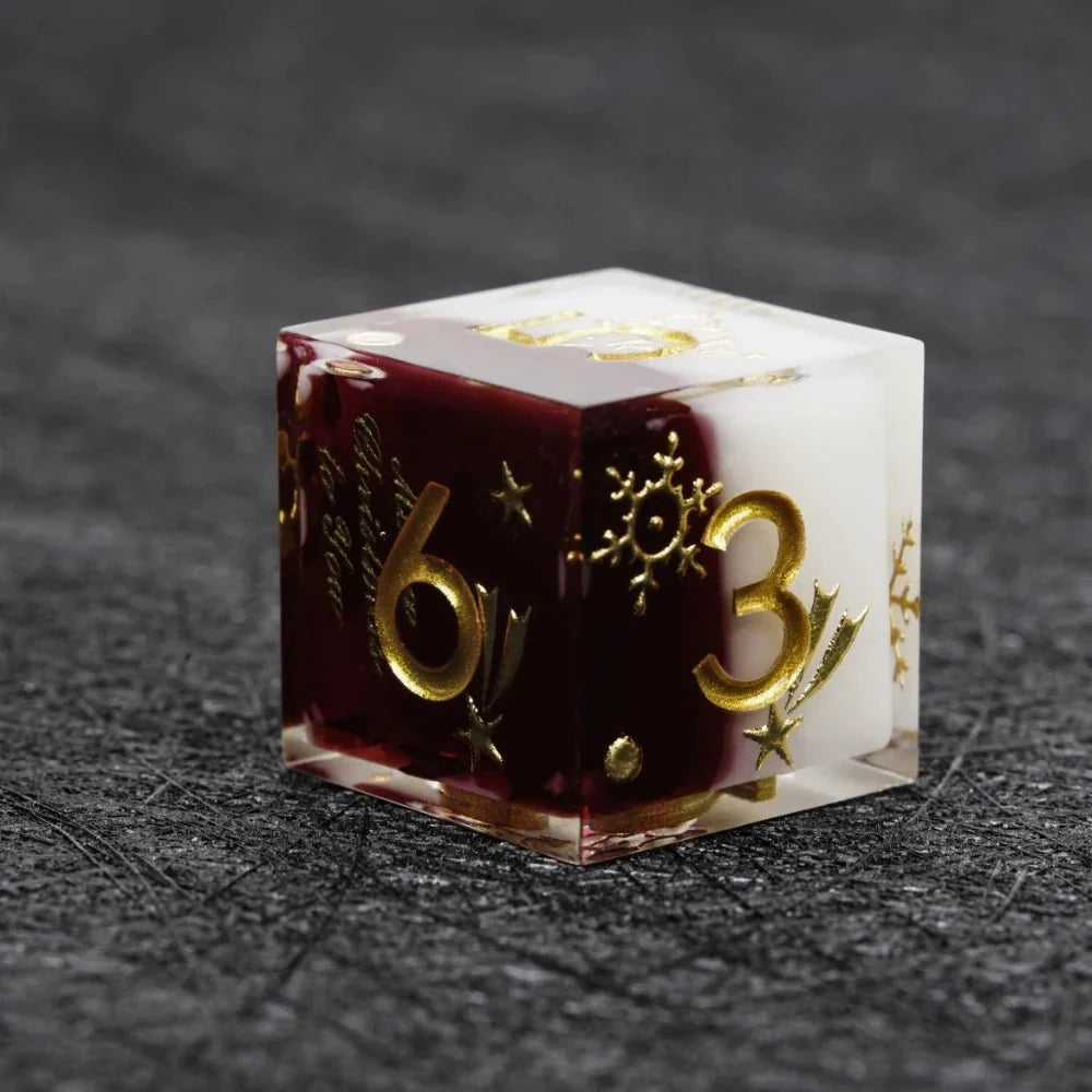 Resin RPG Dice Set – Burgundy Milky – Christmas themed burgundy and milky white resin dice set with gold - carved