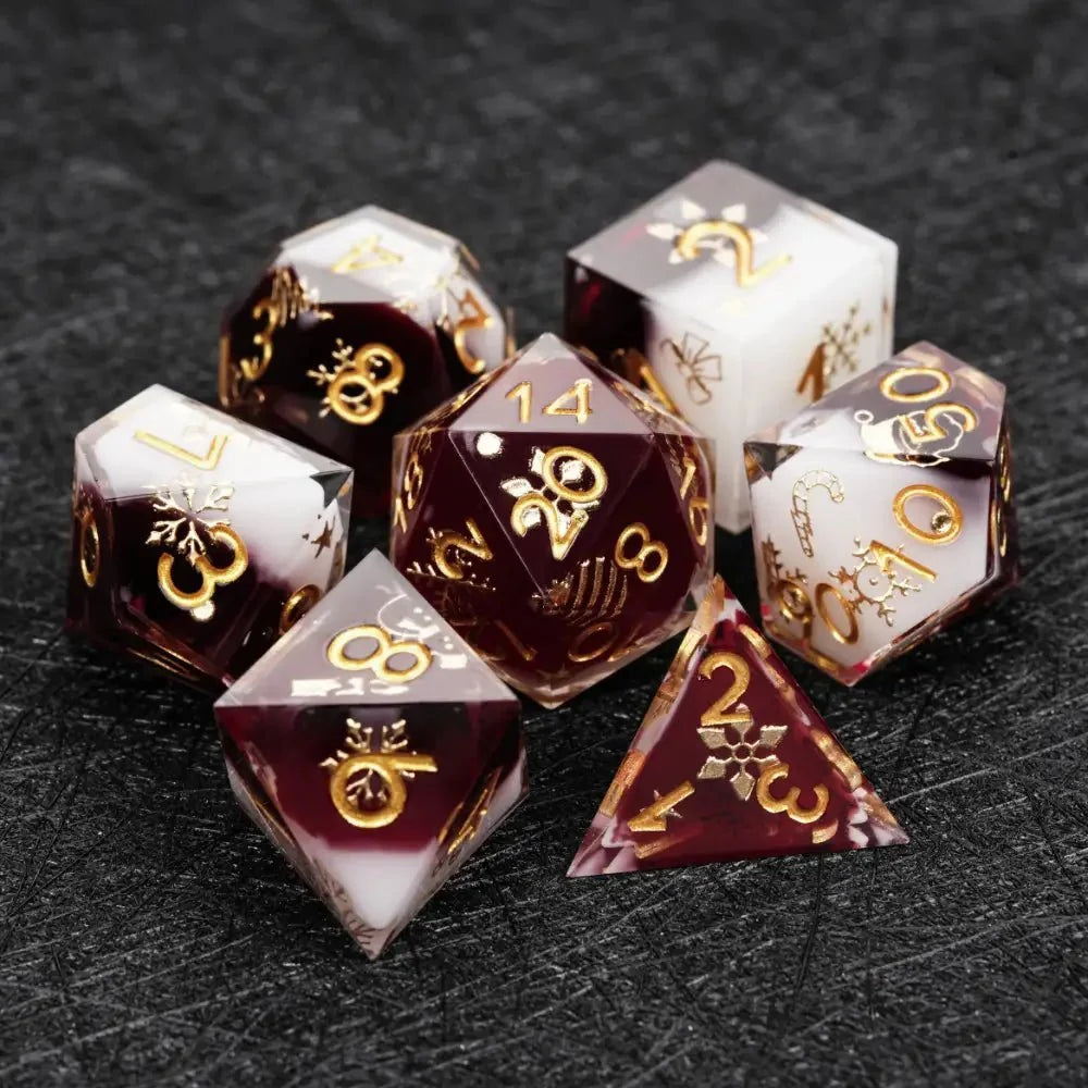 Resin RPG Dice Set – Burgundy Milky – Christmas themed burgundy and milky white resin dice set with gold - carved