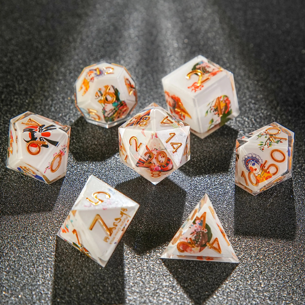 Resin RPG Dice Set – Gold Numbers – Chinese Style Elements - Peking Opera White Resin Dice Set + Gold Numbers
