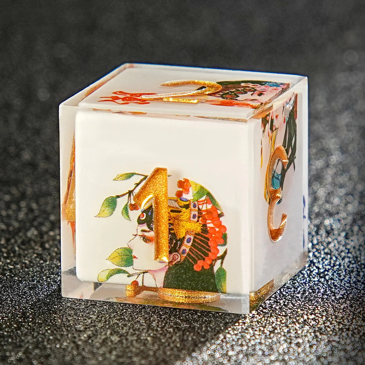 Resin RPG Dice Set – Gold Numbers – Chinese Style Elements - Peking Opera White Resin Dice Set + Gold Numbers