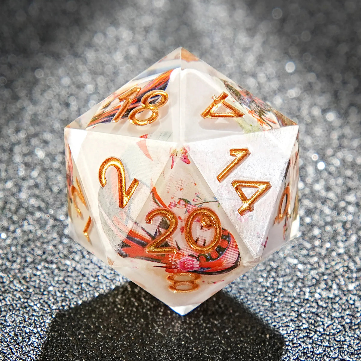 Resin RPG Dice Set – Gold Numbers – Chinese Style Elements - Peking Opera White Resin Dice Set + Gold Numbers