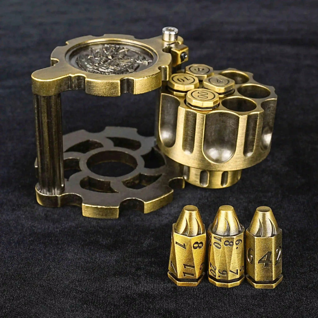 Revolver Bullet Dice Set – Unique DND Revolver Bullet Dice Set: Antique Gold Revolver Dice Rotating Magazine, loaded