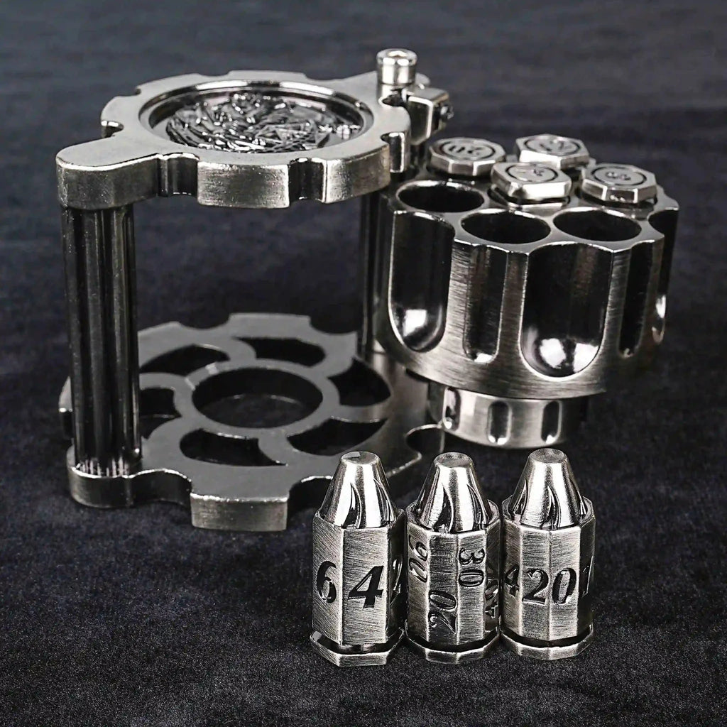 Revolver Bullet Dice Set – Unique DND Revolver Bullet Dice Set: Antique Nickel Revolver Dice Rotating Magazine, loaded