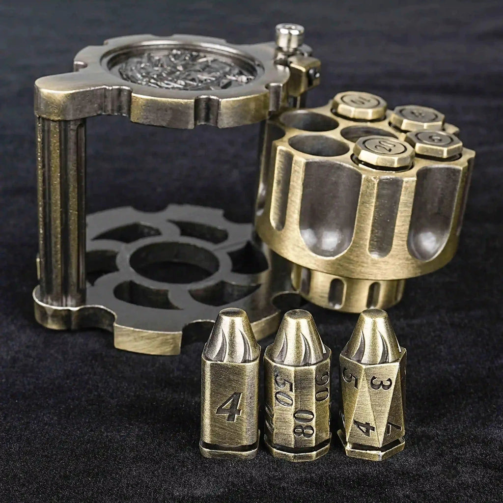 Revolver Bullet Dice Set – Unique DND Revolver Bullet Dice Set: Bronze revolver dice rotating magazine loaded with four