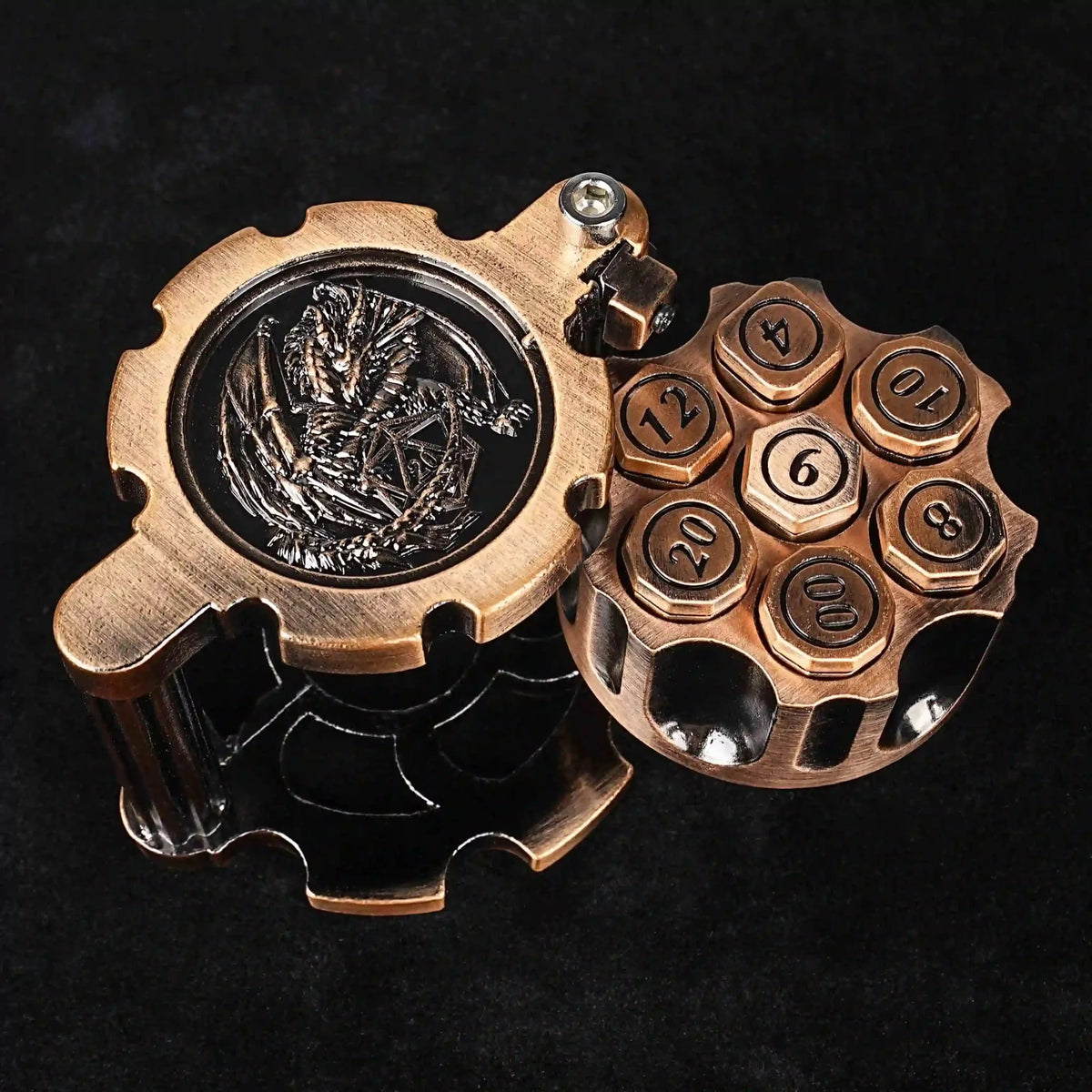 Revolver Metal Bullet Dice Set – Logo – Unique DND Revolver Bullet Dice Set: Antique Copper Revolver Dice Rotating