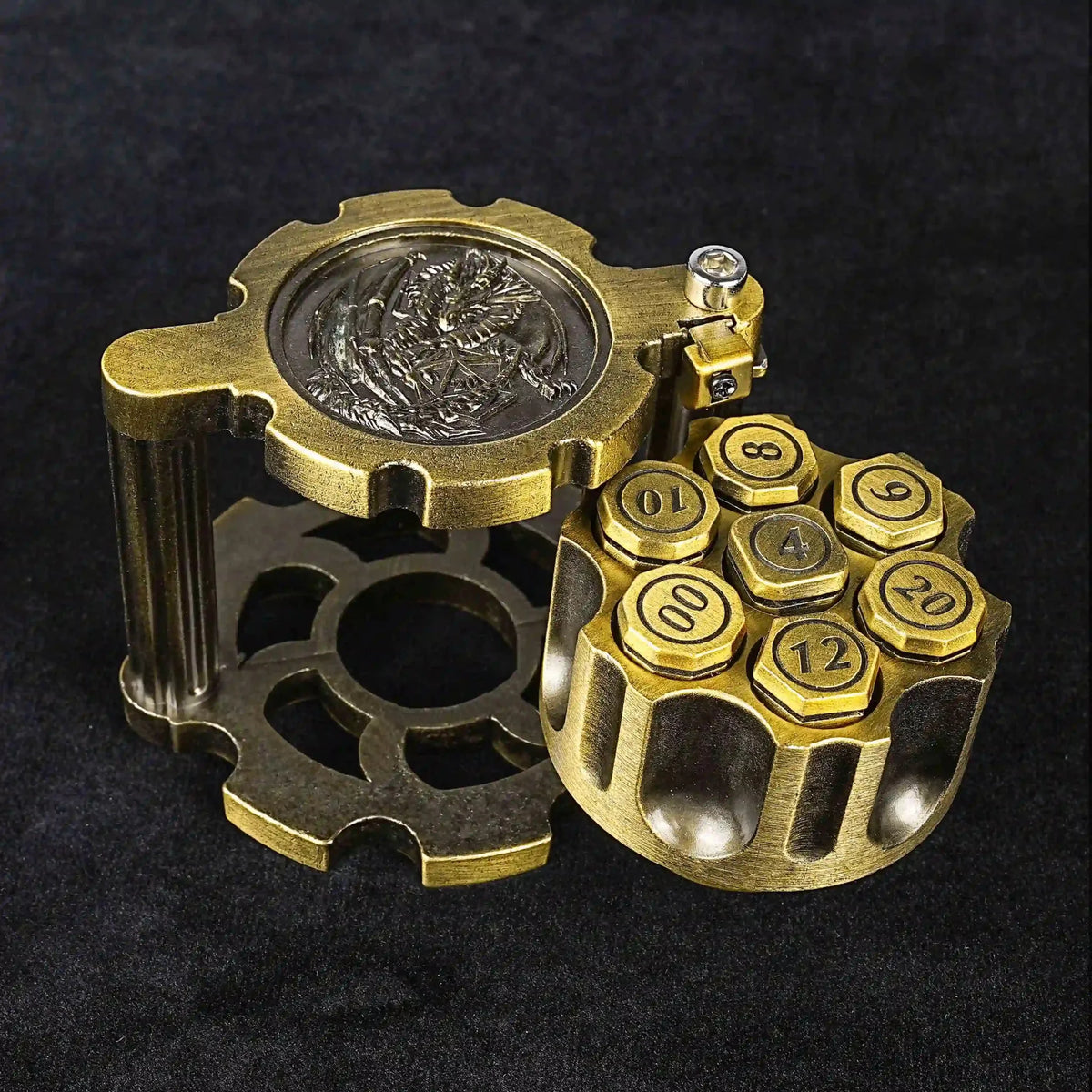 Revolver Metal Bullet Dice Set – Logo – Unique DND Revolver Bullet Dice Set: Antique Gold Revolver Dice Rotating