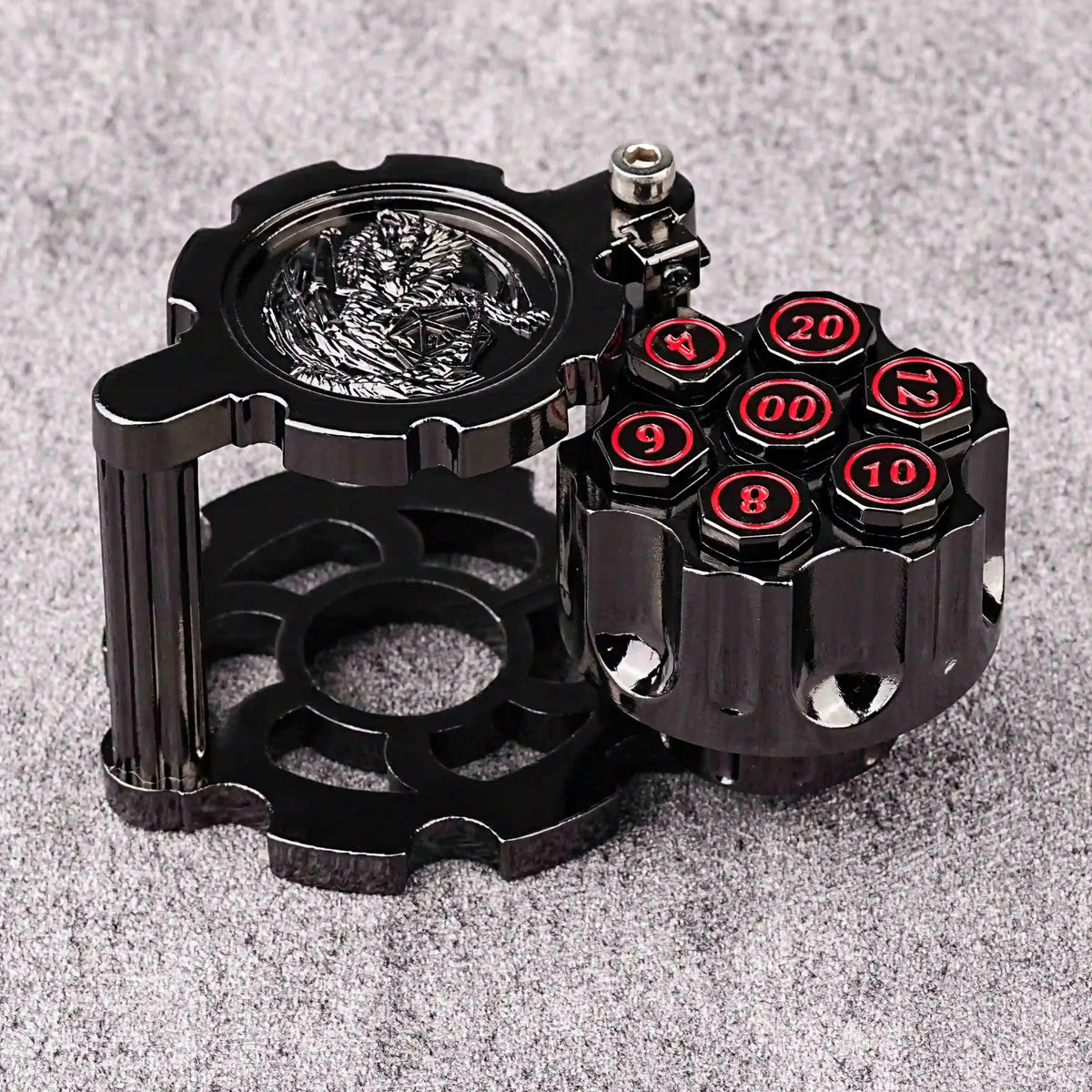 Revolver Metal Bullet Dice Set – Logo – Unique DND Revolver Bullet Dice Set: Black Nickel Revolver Dice Rotary Magazine